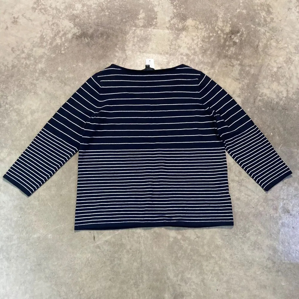 Ann Taylor Sweater Womens Large Navy Blue‎ Striped Welt Pocket Wool Blend